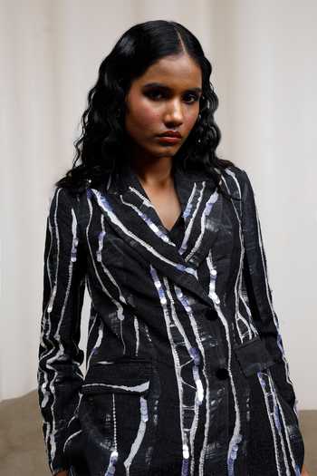 Advait_Black Chiffon, Lurex Sequins Notched Neck Rei Abstract Print Blazer Set _at_Aza_Fashions