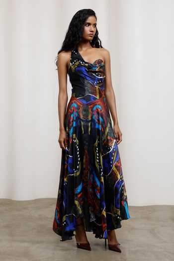 Buy_Advait_Blue Georgette, Satin Halter Neck Saeri Draped Dress _Online_at_Aza_Fashions