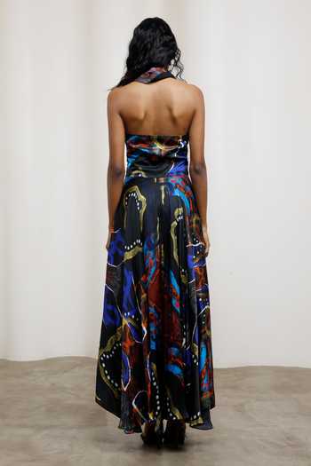 Advait_Blue Georgette, Satin Halter Neck Saeri Draped Dress _Online_at_Aza_Fashions