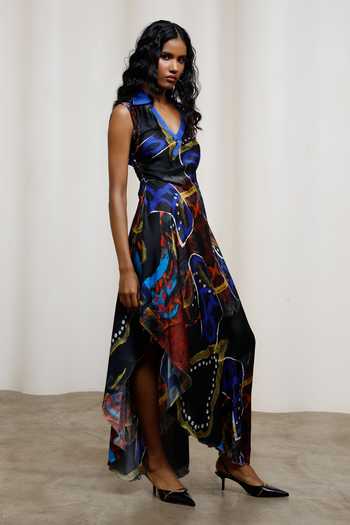 Buy_Advait_Blue Georgette, Satin V-neck, Polo Collar Saeri Dress _Online_at_Aza_Fashions