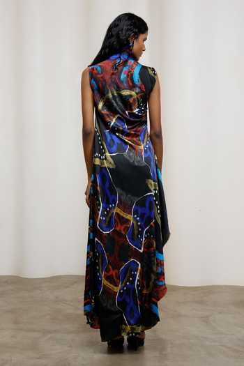 Advait_Blue Georgette, Satin V-neck, Polo Collar Saeri Dress _Online_at_Aza_Fashions