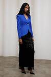 Buy_Advait_Blue Georgette, Satin Sequins, Fringe Ruri V Neck Blazer Skirt Set _at_Aza_Fashions