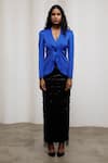 Advait_Blue Georgette, Satin Sequins, Fringe Ruri V Neck Blazer Skirt Set _Online_at_Aza_Fashions
