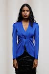 Shop_Advait_Blue Georgette, Satin Sequins, Fringe Ruri V Neck Blazer Skirt Set _Online_at_Aza_Fashions