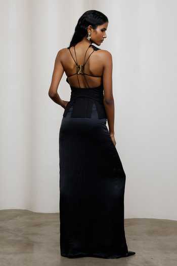Advait_Black Suiting High Neck Kuro Shredded Top _Online_at_Aza_Fashions
