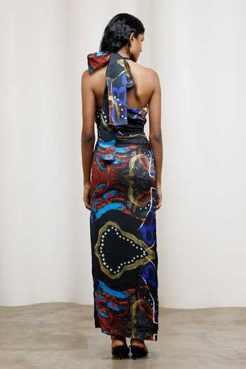 Shop_Advait_Blue Georgette, Satin Halter Neck Saeri Tie-up Dress _at_Aza_Fashions