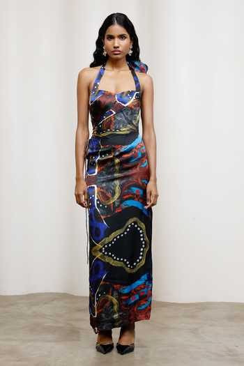 Buy_Advait_Blue Georgette, Satin Halter Neck Saeri Tie-up Dress _at_Aza_Fashions