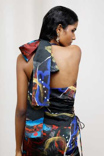 Shop_Advait_Blue Georgette, Satin Halter Neck Saeri Tie-up Dress _Online_at_Aza_Fashions