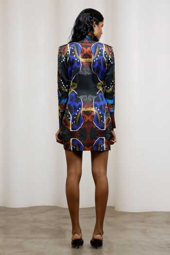 Advait_Multi Color Georgette, Satin V-neck Saeri Embroidered Blazer Dress _Online_at_Aza_Fashions