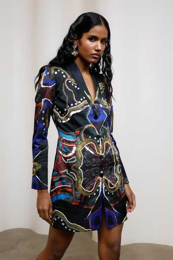Shop_Advait_Multi Color Georgette, Satin V-neck Saeri Embroidered Blazer Dress _Online_at_Aza_Fashions