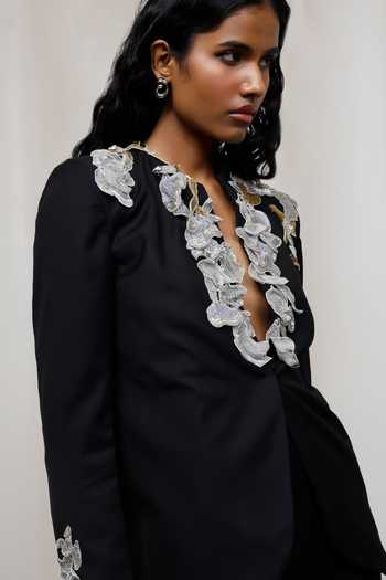 Buy_Advait_Black Suiting Applique V-neck Kuro Jacket _Online_at_Aza_Fashions