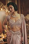 Shop_Roqa_Pink Satin, Modal, Net Sequins, Beads, Rose Pre-draped Saree And Blouse Set _Online_at_Aza_Fashions