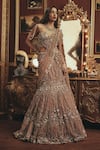 Buy_Roqa_Peach Net Embroidery, Sequins, Pearls Sweetheart Neck Anne Lehenga Set _at_Aza_Fashions