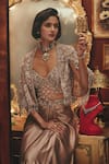 Roqa_Taupe Net, Satin, Modal Embroidery, Sequins, Beads, Dorothy Jacket And Skirt Set _Online_at_Aza_Fashions