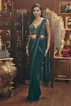 Buy_Roqa_Green Georgette, Net Zari, Sequins Sweetheart Neck Maya Saree And Blouse Set _at_Aza_Fashions