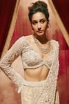 Roqa_Ivory Net Beads, Pearls, Stones V-neck Natalia Pre-draped Saree And Blouse Set _Online_at_Aza_Fashions