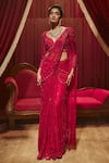 Buy_Roqa_Red Net Embroidery, Sequins Sweetheart Valentina Pre-draped Saree And Blouse Set _at_Aza_Fashions