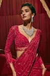 Roqa_Red Net Embroidery, Sequins Sweetheart Valentina Pre-draped Saree And Blouse Set _Online_at_Aza_Fashions