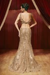 Shop_Roqa_Rose Gold Net Embroidery, Sequins, Stones Plunge Neck Francesca Gown _at_Aza_Fashions