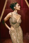 Roqa_Rose Gold Net Embroidery, Sequins, Stones Plunge Neck Francesca Gown _Online_at_Aza_Fashions
