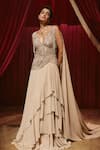 Buy_Roqa_Beige Georgette Sequins Sweetheart Neck Vanessa Layered Gown With Cape _at_Aza_Fashions
