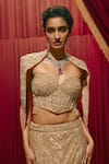 Shop_Roqa_Gold Net Sequins, Beads, Stones Audrey Embellished Lehenga Set With Cape _Online_at_Aza_Fashions