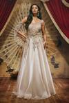 Buy_Roqa_Silver Organza, Net Embroidery, Stones One Shoulder Agnes Shimmer Gown _at_Aza_Fashions