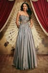 Roqa_Silver Organza, Net Sequins, Beads, Stones Hazel Shimmer Gown And Cape Set _Online_at_Aza_Fashions