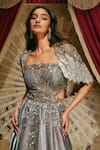 Buy_Roqa_Silver Organza, Net Sequins, Beads, Stones Hazel Shimmer Gown And Cape Set _Online_at_Aza_Fashions