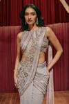 Roqa_Grey Georgette, Net Sequins, Beads Round Sarah Embellished Saree And Blouse Set _Online_at_Aza_Fashions