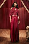 Buy_Roqa_Red Net, Satin, Modal Sequins, Beads Halter Betsy Embroidered Cape And Skirt Set _at_Aza_Fashions