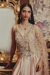 Roqa_Beige Satin, Net, Modal Sequins, Beads V-neck Jane Embellished Pleated Gown _Online_at_Aza_Fashions