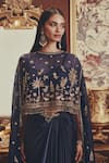 Roqa_Gold Net, Satin, Modal Embroidery Round Neck Harriet Cape Set _Online_at_Aza_Fashions