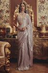 Buy_Roqa_Silver Net Sequins, Beads, Stones Sweetheart Neck Ada Pre-draped Saree Set _at_Aza_Fashions