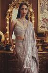 Roqa_Silver Net Sequins, Beads, Stones Sweetheart Neck Ada Pre-draped Saree Set _Online_at_Aza_Fashions