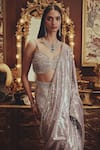 Shop_Roqa_Silver Net Sequins, Beads Sweetheart Neck Adaara Saree And Blouse Set _at_Aza_Fashions