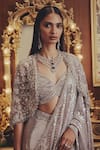 Roqa_Silver Net Sequins, Beads Sweetheart Neck Adaara Saree And Blouse Set _Online_at_Aza_Fashions