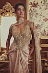 Roqa_Gold Net, Lycra Sequins, Beads, Pearls, Celestine Shimmer Corset And Saree Set _Online_at_Aza_Fashions