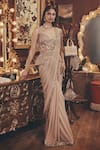 Buy_Roqa_Taupe Georgette Sequins, Beads, Crystals Mae Peplum Corset And Saree Set _at_Aza_Fashions