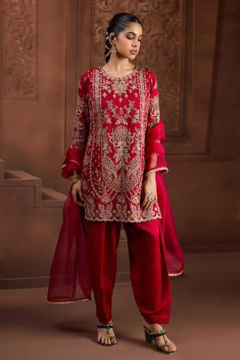 Buy_Aneesh Agarwaal_Red , Organza Embroidery, Zari Round Neck Padma Jyoti Floral Kurta Set _at_Aza_Fashions