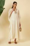 Buy_Nikasha_Ivory Cotton Embroidery V-neck Jamdani Kaftan Dress _at_Aza_Fashions