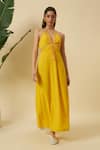 Buy_Nikasha_Yellow Embroidery Halter Neck Seersucker Tie-up Dress _at_Aza_Fashions