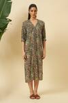 Buy_Nikasha_Green Cotton V-neck Leopard Print Gauze Braided Kaftan _at_Aza_Fashions