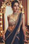 Roqa_Navy Net, Georgette Embroidery, Sequins, Zari Martha Pre-draped Saree Set _Online_at_Aza_Fashions