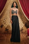 Shop_Roqa_Black Satin, Net, Modal Sequins, Beads Sweetheart Neck Ruth Draped Skirt Set _Online_at_Aza_Fashions