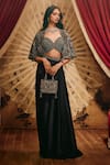 Buy_Roqa_Black Satin, Net, Modal Sequins, Beads Sweetheart Neck Ruth Draped Skirt Set _at_Aza_Fashions