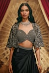 Roqa_Black Satin, Net, Modal Sequins, Beads Sweetheart Neck Ruth Draped Skirt Set _at_Aza_Fashions
