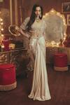 Buy_Roqa_Ivory Modal, Net Sequins, Beads, Pearls, Irene Pre-draped Saree And Blouse Set _at_Aza_Fashions
