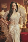 Shop_Roqa_Ivory Modal, Net Sequins, Beads, Pearls, Irene Pre-draped Saree And Blouse Set _Online_at_Aza_Fashions