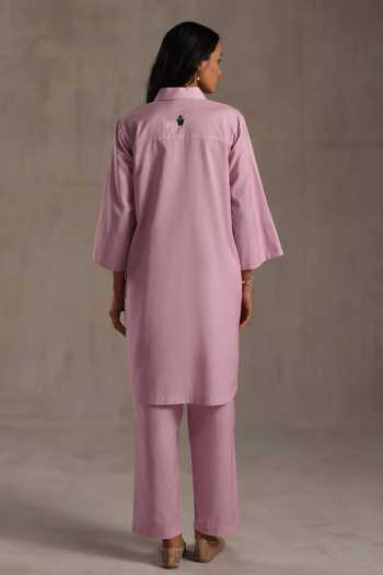 Shop_Roza_Pink Linen Collared Louise Placement Printed Kurta And Pant Set _at_Aza_Fashions